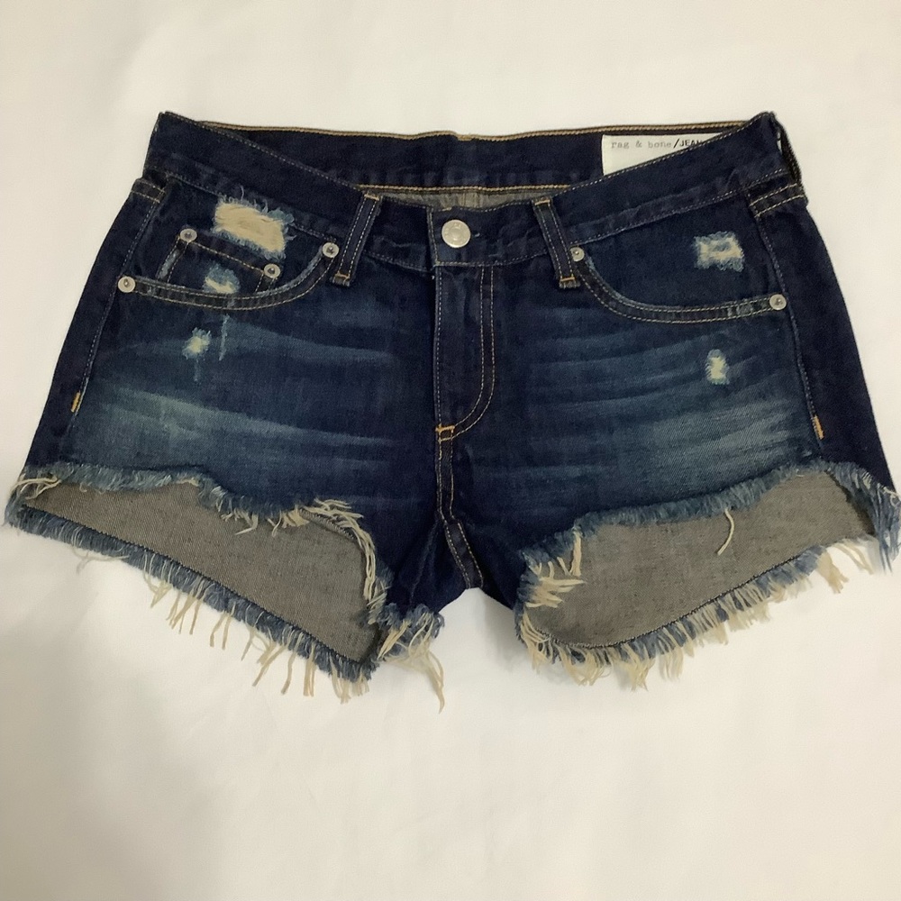 rag & bone Dark Blue Distressed Denim Cutoff Shorts